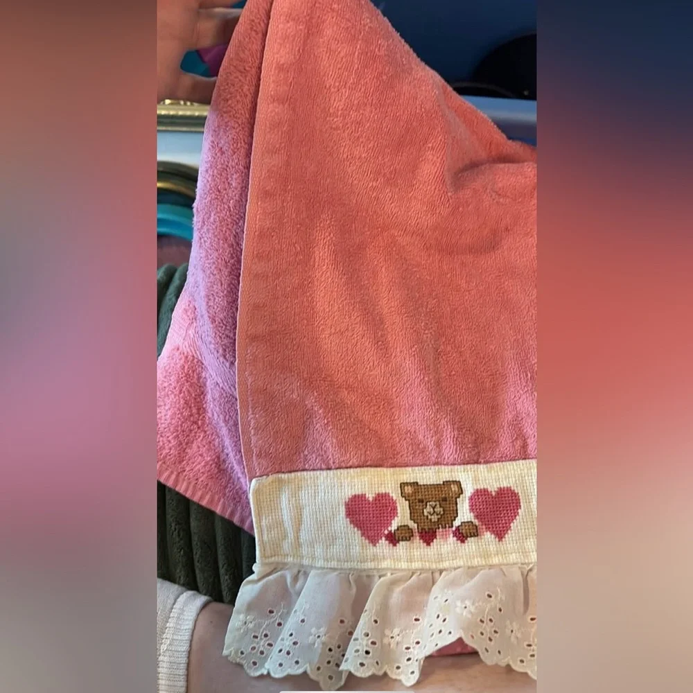 Vintage Personalized Bear and Heart Embroidered Fabric